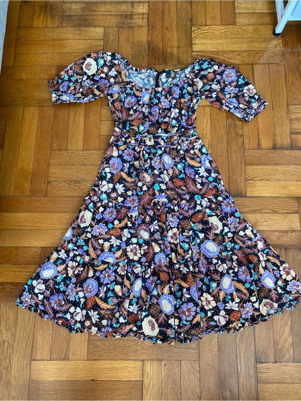Ann Taylor Petite Floral Puff Sleeve Midi Dress Size 00P Black Cottagecore Boho